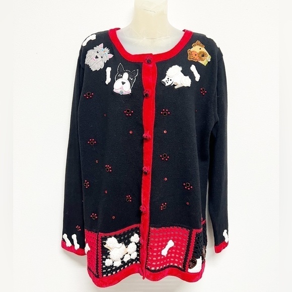The Quaker Factory Womens Black Red Dog Themed Vintage Cardigan Sweater Sz L - Picture 1 of 10